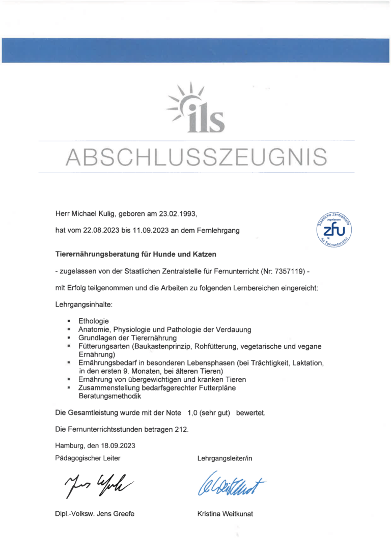 Abschlusszeugnis Michael Kulig - Fithund Hundeschule Dortmund