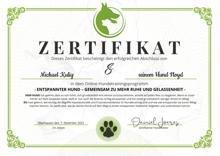 Zertifikat Entspannter Hund Michael Kulig Fithund Hundeschule Dortmund