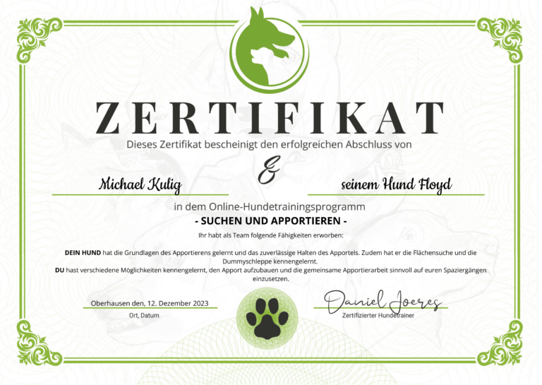 Zertifikat Suchen und Apportieren Fithund Hundeschule Dortmund