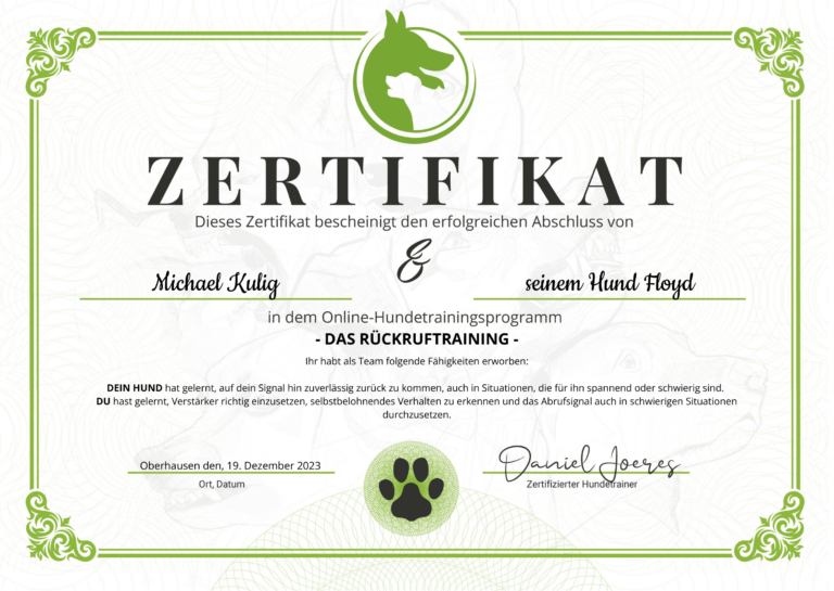 Abschlusszertifikat zum Thema Rückruf bei Hunden