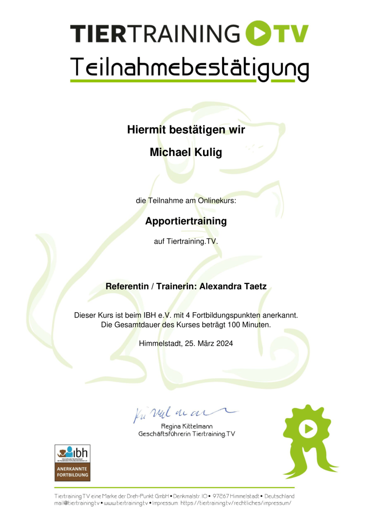 Apportiertraining Teilnahmebestätigung Michael Fithund