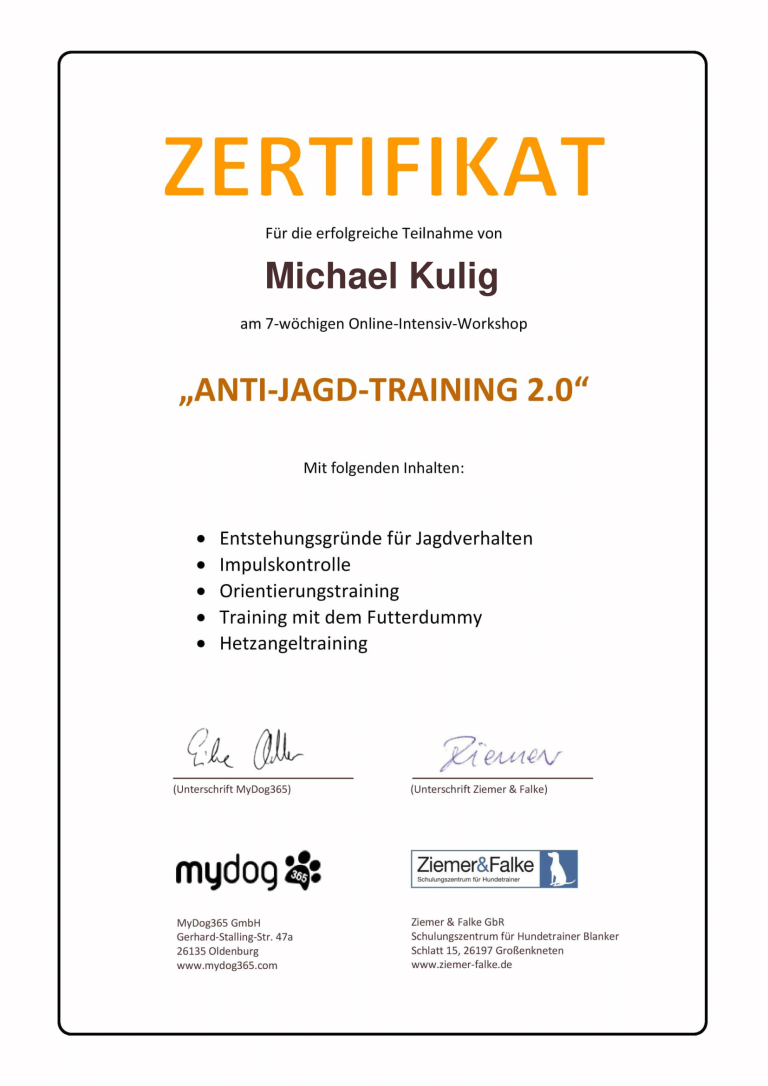 Zertifikat Anti Jagdt Training FitHund Hundeschule Dortmund