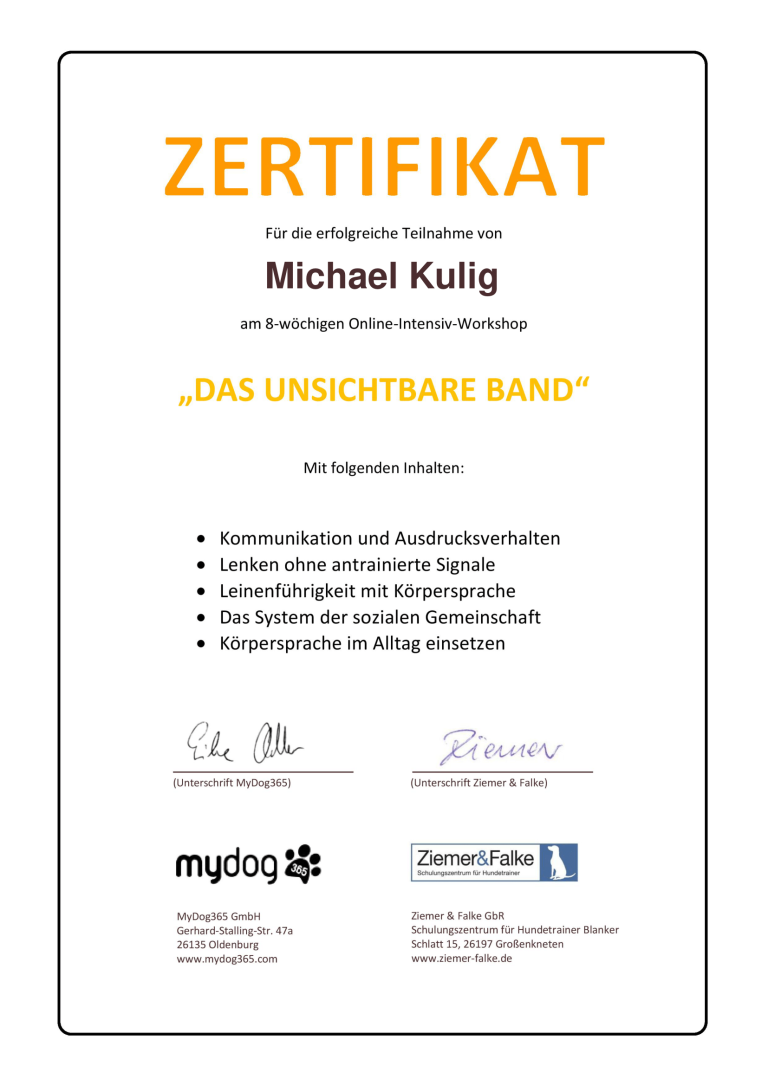 Zertifikat Das Unsichtbare Band FitHund Hundeschule Dortmund