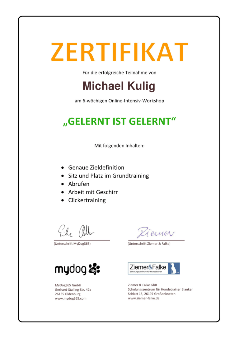 Zertifikat Gelernt ist Gelernt FitHund Hundeschule Dortmund