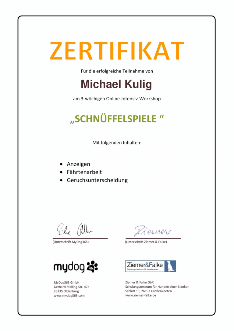 Zertifikat Schnüffelspiele FitHund Hundeschule Dortmund