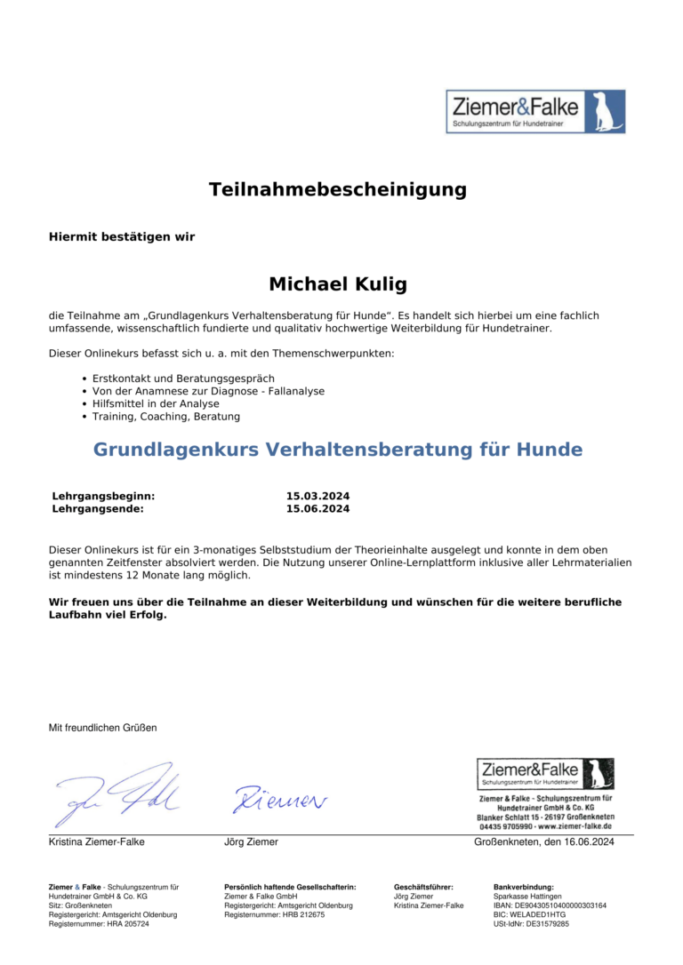 Teilnahmebescheinigung Verhaltensberater Michael Kulig