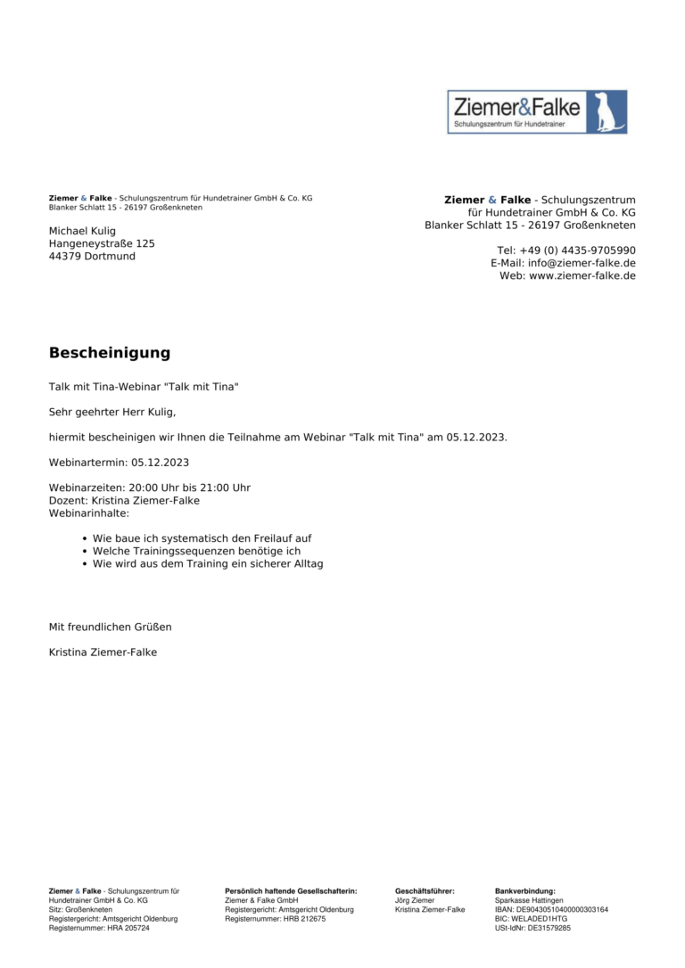 Teilnahmebescheinigung Der Weg in den Freilauf Michael Kulig