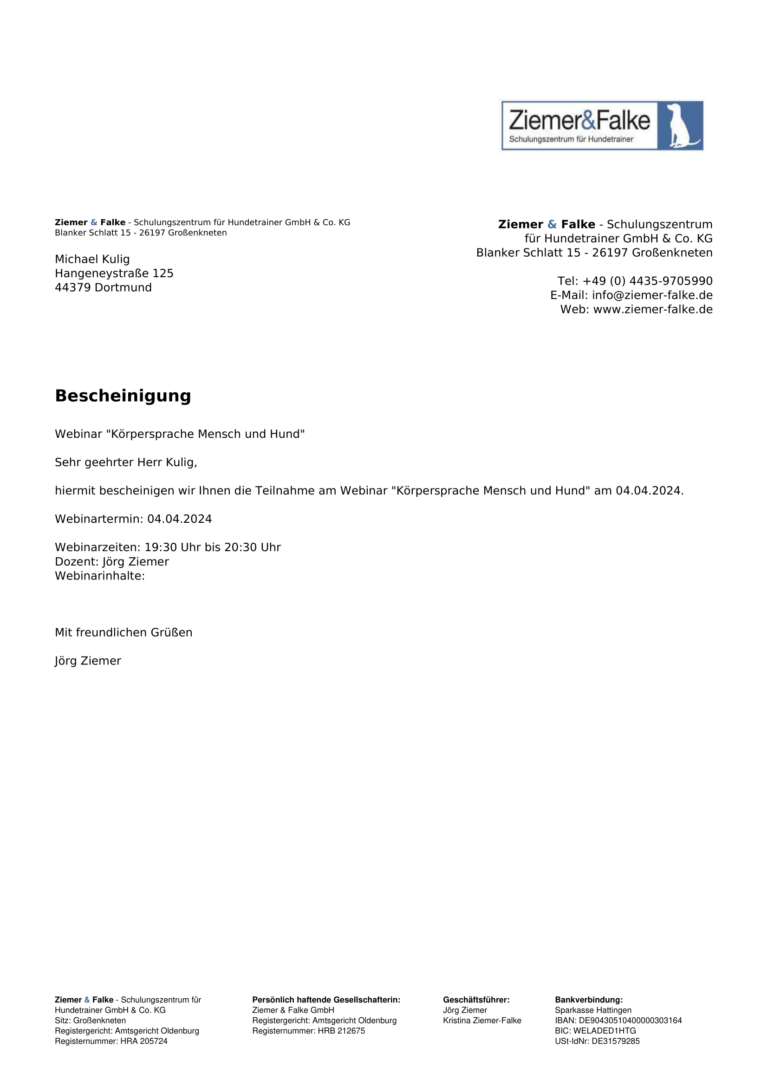 Teilnahmebescheinigung Michael Kulig Körpersprache Mensch und Hund