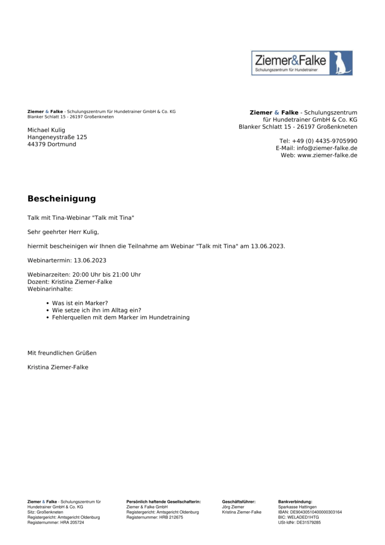 Teilnahmebescheinigung Michael Kulig Markertraining