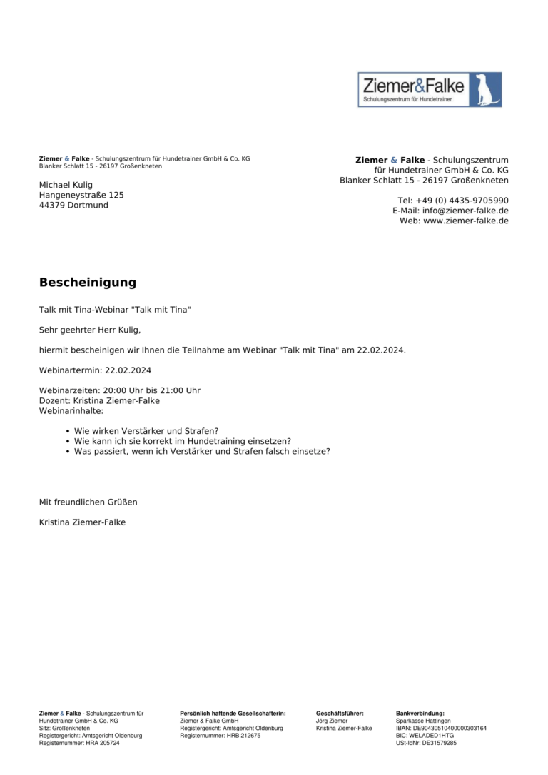 Teilnahmebescheinigung Michael Kulig Verstärker und Strafen