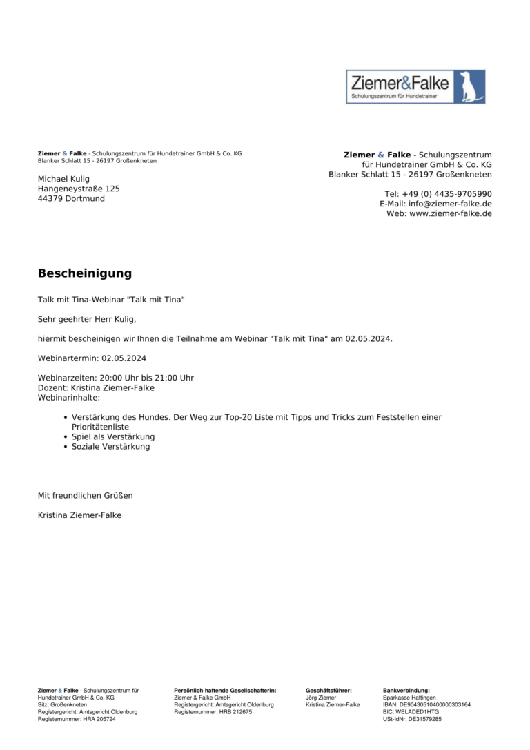 Teilnahmebescheinigung Verstärkung des Hundes