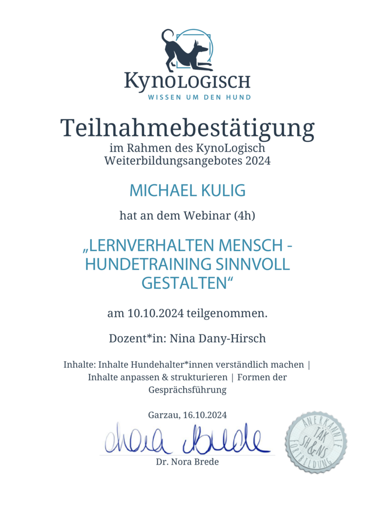 Kynlogisch Michael Kulig Lernverhalten Mensch - Hunde Training sinnvoll gestalten