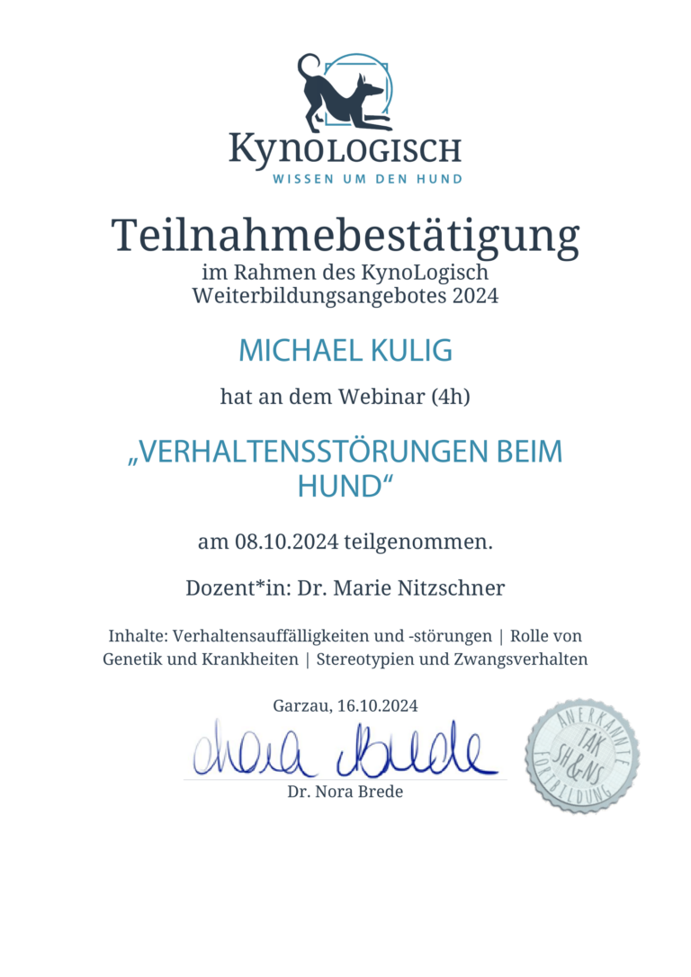 Kynologisch Michael Kulig Verhaltensstoerung beim Hund