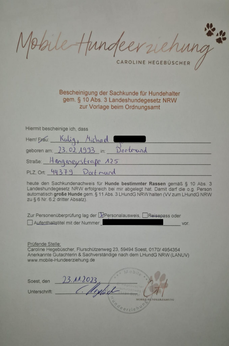 Bescheinigung der Sachkunde Michael Kulig