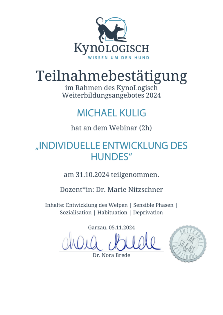 Kynologisch Individuelle Entwicklung des Hundes Michael Kulig
