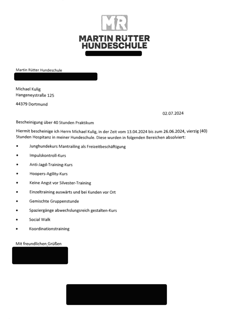 Praktikumsbescheinigung Michael Kulig FitHund bei Martin Ruetter