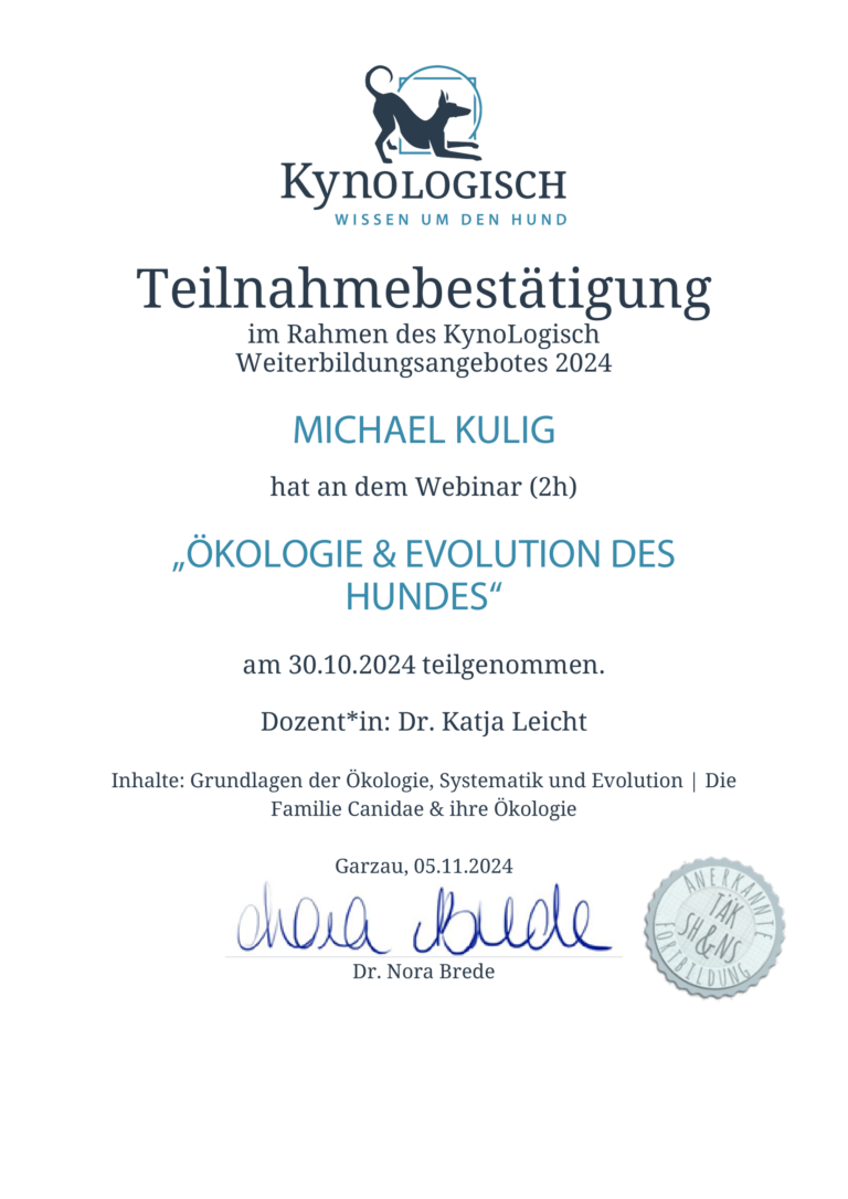 Teilnahmebestaetigung Oekologie und Evolution des Hundes Michael Kulig Kynologisch