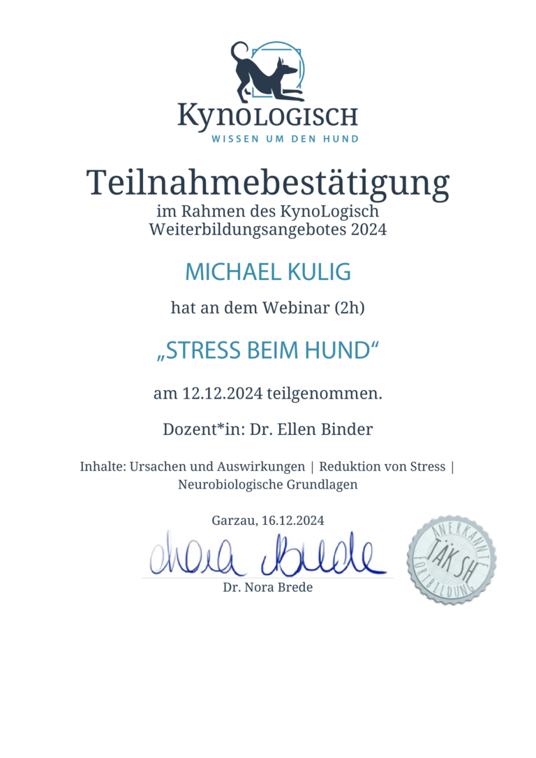 Kynologisch Michael Kulig Schulung Stress beim Hund Fithund