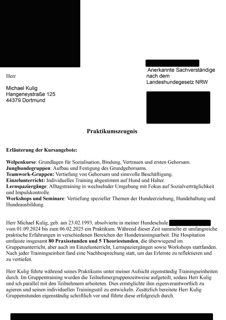 Praktikumsbescheinigung Teil 1 Michael Kulig Fithund