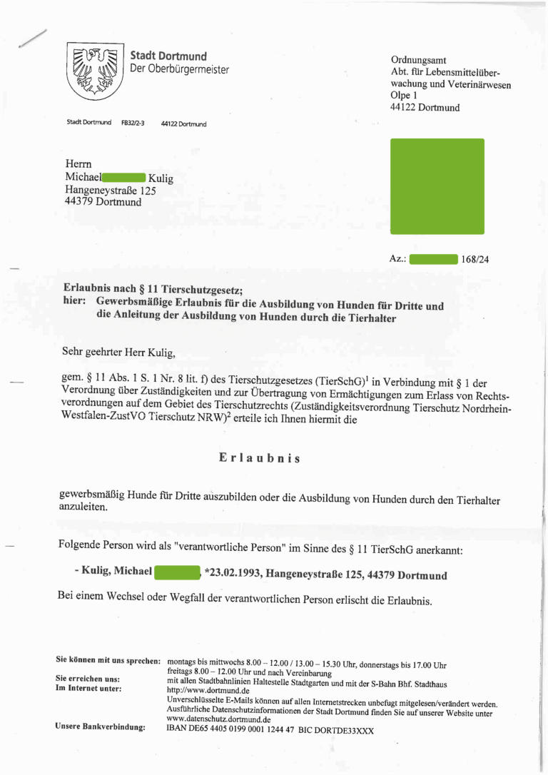Erlaubnis §11 - Michael Kulig - zum Hundetrainer Dortmund