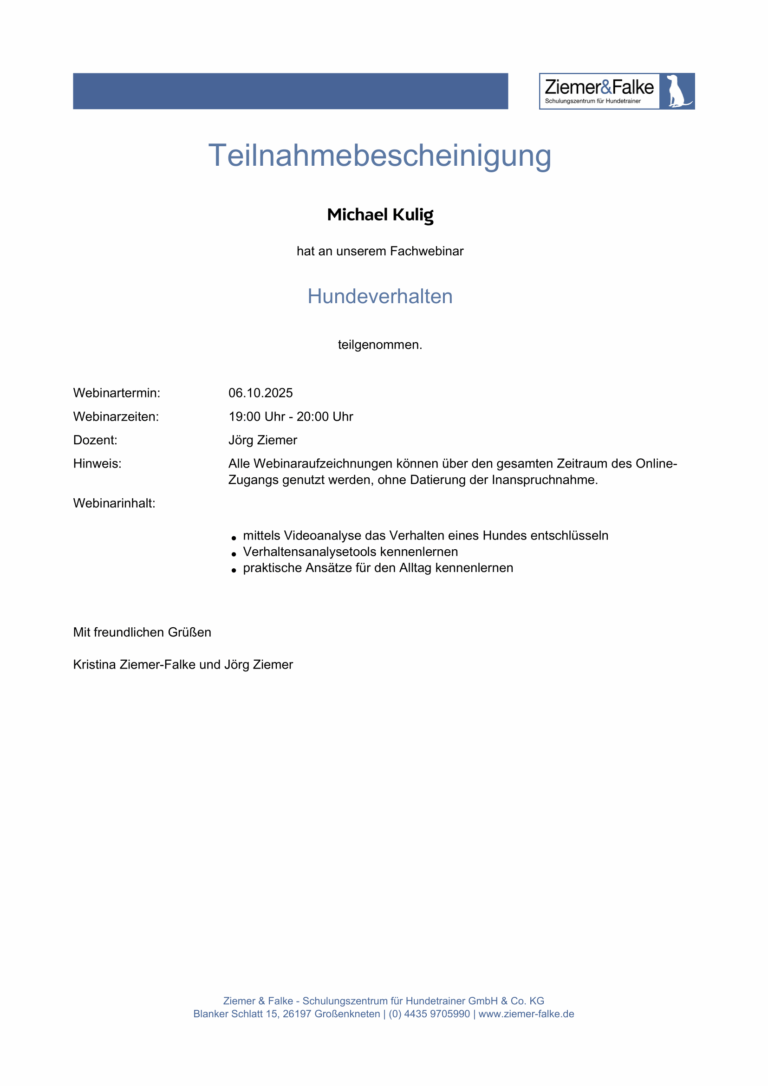 Hundeverhalten Fachwebinar Michael Kulig bei Ziemer & Falke