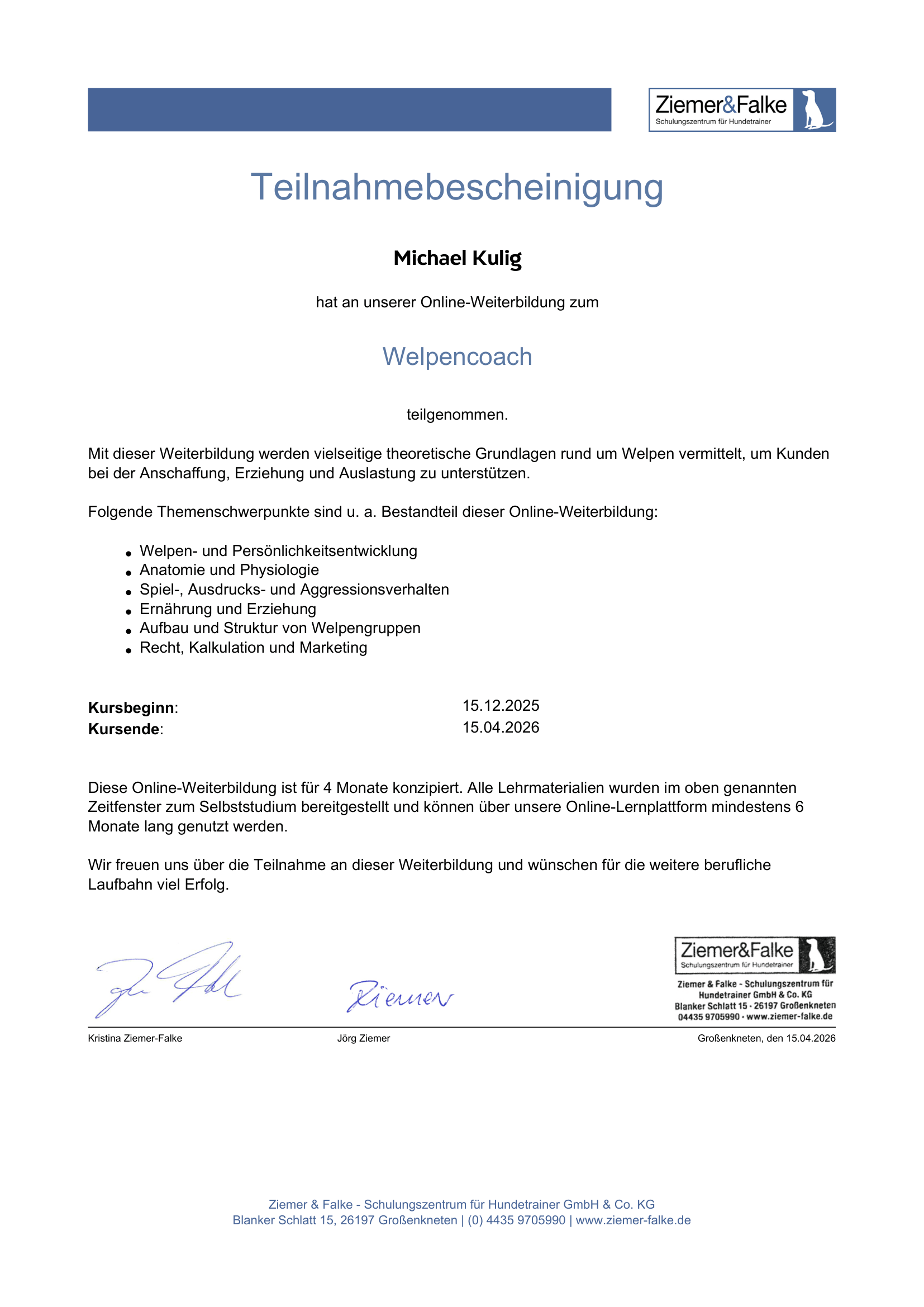 Weiterbildung Zertifikat zum Hunde Welpencoach.
