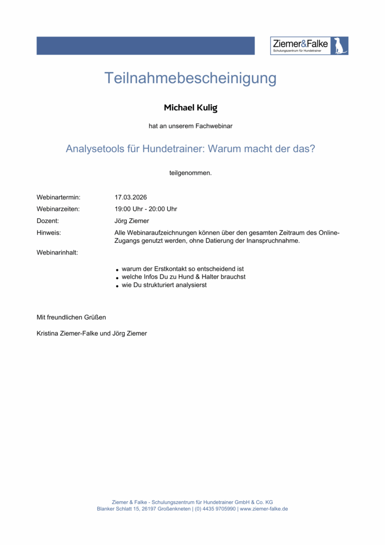 Teilnahmebescheinigung Analysetools für Hundetrainer Michael Kulig