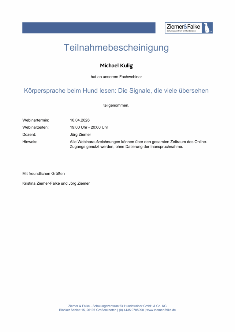 Teilnahmebescheinigung Körpersprache beim Hund lesen Michael Kulig