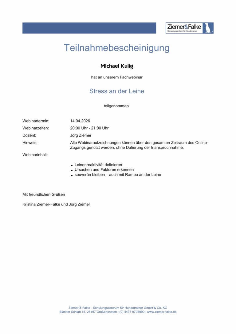 Teilnahmebescheinigung Stress an der Leine Michael Kulig